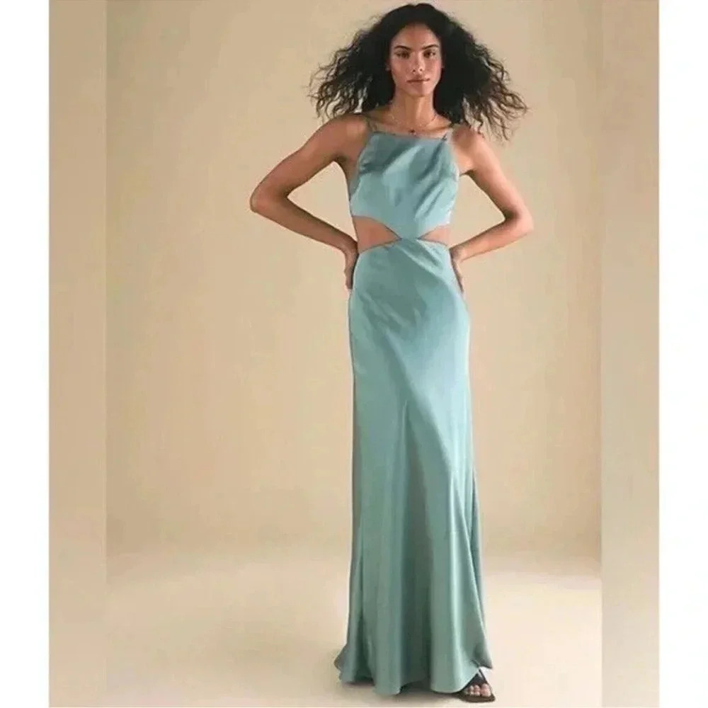 NWT Free People Fame And Partners Liv Satin Maxi Dress Blue Green